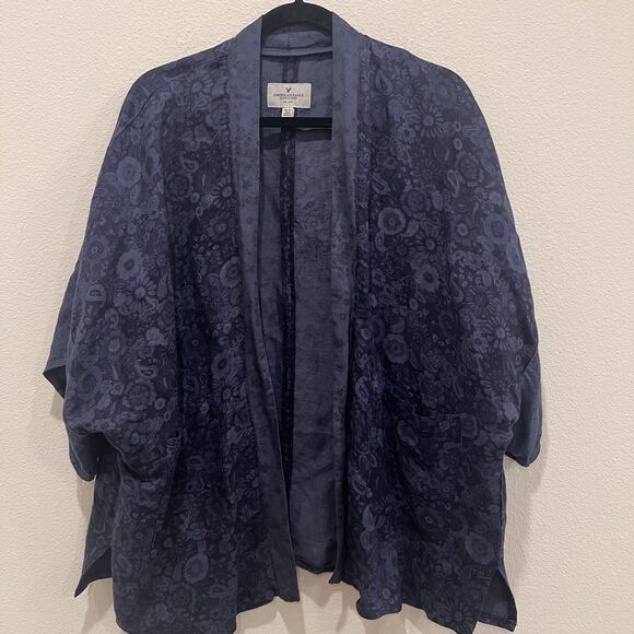 American Eagle Outfitters Sweaters - America Eagle Outfitters Blue Floral Linen Kimono One Size cardigan sweater top